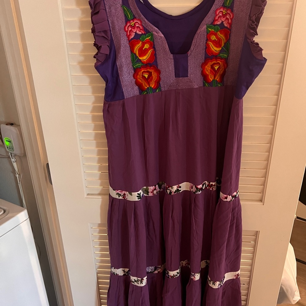 MEXICANA Purple Maxi Dress with Floral Embroidery